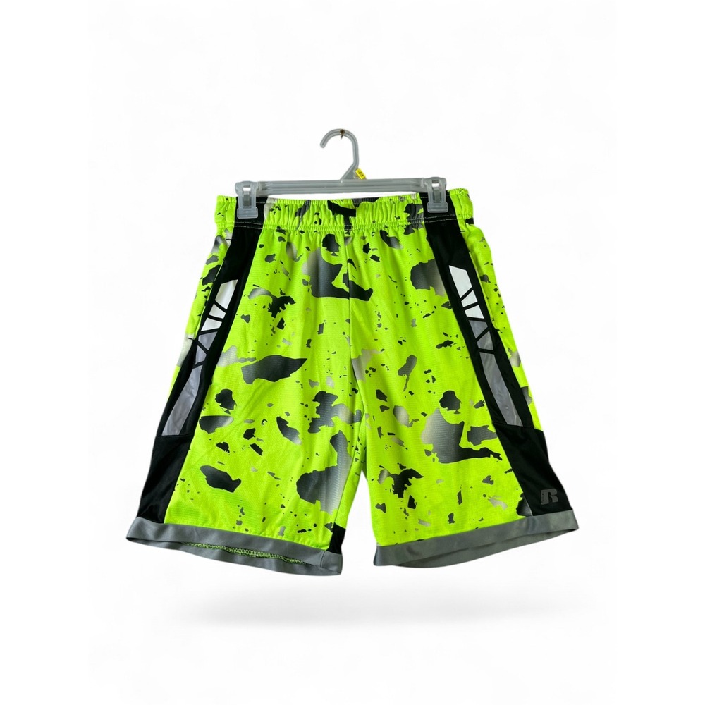 Russell Athletic Neon Yellow Black Splatter Mesh Shorts Mens XL 14-16 Reflective